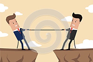 Businessmen in suit pull the rope at edge of cliff . Symbol of competition in business. Corporate conflicts. Vector Illustration