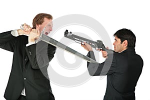 Businessmen with sword and crossbow photo