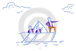 Businessmen team swimming paper boat leading business people teamwork leadership concept successful direction sketch