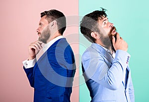 Businessmen thoughtful face thinking about business problem. Business in trouble concept. Business misunderstanding