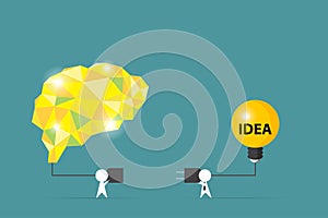 Businessmen try to connect brain and light bulb, idea and business concept