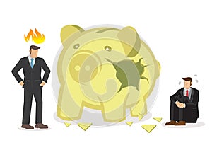 Businessmen upset and angry about the broken saving piggy bank