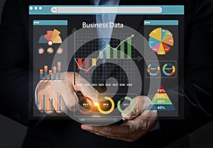 Businessmen use smartphones and dashboards for automating data management analytics and business reports. photo