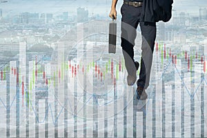 Businessmen walking to work. graph background