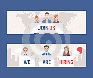 Businessmen and women holding sign with text join us and we are hiring set of banners vector illustration. Job applicant