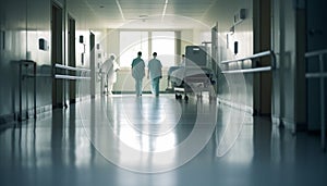 Businessmen and women walking through modern hospital corridor, reflecting professionalism generative AI