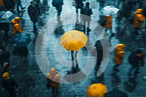 businessmen with yellow umbrella In the midst of a hurried, motion-blurred crowd
