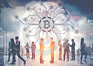 Businesspeople, bitcoin network, planet