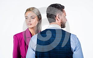 businesspeople. businessman and girl isolated on white. contradiction and confrontation.