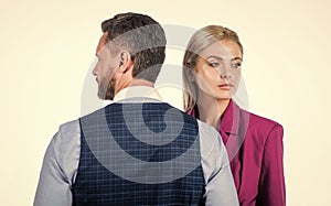 businesspeople. businessman and girl isolated on white. contradiction and confrontation.