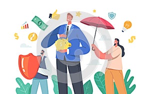 Businesspeople Characters Stand under Umbrella with Piggy Bank and Shield Protect Money. Financial Protection, Insurance