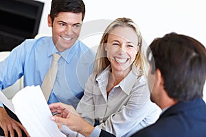 Businesspeople, colleagues or documents with smile or closeup in office, laugh and conversation or talking. Group of