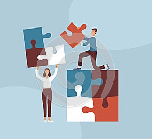 Businesspeople collecting puzzle together flat vector illustration