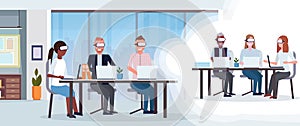 Businesspeople conference meeting wearing digital glasses virtual reality mix race people online training brainstorming