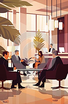 businesspeople discussing during meeting in hotel lobby business people sitting near reception desk vertical