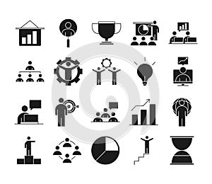 Businesspeople financial money business management developing successful icons set line style