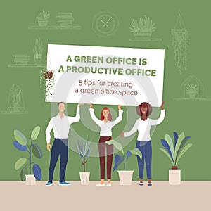 Businesspeople with green office banner flat vector illustration