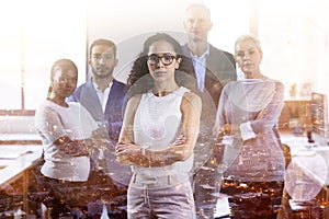 Businesspeople, group and double exposure for networking, connection and law firm agency. Lawyers, portrait and arms