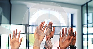 Businesspeople, hands up and collaboration in office for success with trust, support and unity. Diversity, community or