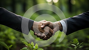 Businesspeople handshake of commitment to reduce carbon to net zero by 2050. AI Generated