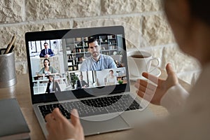Businesspeople have online webcam conference discussing ideas