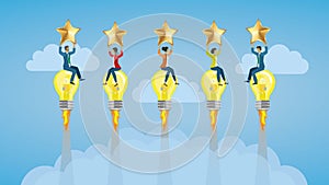 Businesspeople holding five golden stars. Riding on light bulb rockets.. Vector illustration.