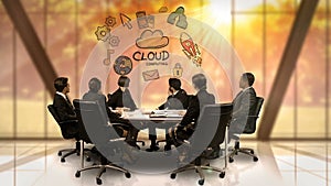 Businesspeople looking at futuristic screen showing cloud computing symbol