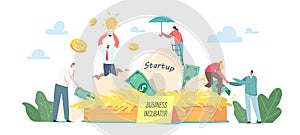Businesspeople Male and Female Tiny Characters Growing Startup Project Egg in Business Incubator at Huge Nest, Idea