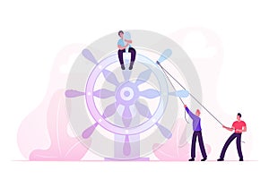 Businesspeople Moving Huge Steering Wheel Bounded with Ropes. Businessman Control Ship Helm and Bring Team to Success photo