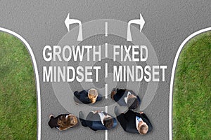 Businesspeople Near Signs Growth Mindset And Fixed Mindset