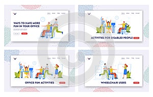 Businesspeople Office Fun Activities Landing Page Template Set. Business People Rolling Disabled Colleague on Wheelchair