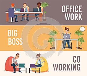 Businesspeople Office Work Flat Vector Banners set