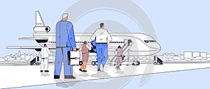 businesspeople passengers near airplane standing back to camera rear view of business people group boarding into plane