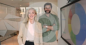 businesspeople posing on digital screen displaying colorful charts with data