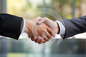 Businesspeople shaking hands with blank white copy space for text, business handshake concept