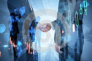 Businesspeople shaking hands working together on abstract city background with forex chart. Teamwork, trade, finance and