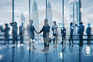 Businesspeople silhouettes on blurry office interior backdrop with city view and network lines. Teamwork, CEO, success and finance