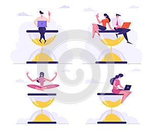 Businesspeople Sitting on Hourglass with Laptop in Hands. Business Process Concept, Time Management