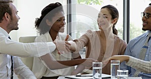 Businesspeople smiling and shaking hands each other