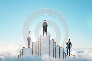 Businesspeople standing on book mountain on sky background with mock up place. Education and challenge concept