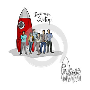 Businesspeople standing by a rocket vector illustration sketch d