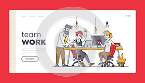 Businesspeople Teamwork Landing Page Template. Business Characters Work Together Developing Creative Ideas, Cooperation