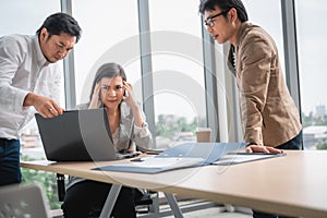 Businesspeople Teamwork are Seriously During Meeting Together, Business Woman Having Upset While Looking Result of Business Profit