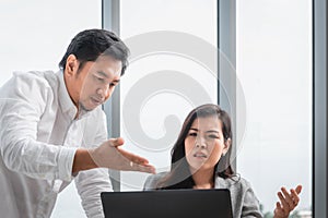 Businesspeople Teamwork are Seriously During Meeting Together, Business Woman Having Upset While Looking Result of Business Profit