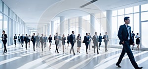 businesspeople walking in corridor of an business center, pronounced motion blur. Blurred business people in white glass office.