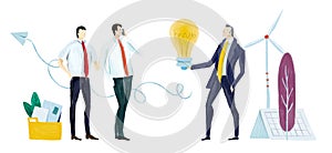 Businesspeople working with light bulb as symbol of finding solution.  Business people working in office.