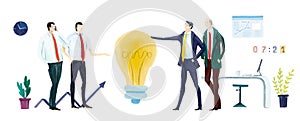 Businesspeople working with light bulb as symbol of finding solution.  Business people working in office.