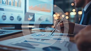 A Businessperson Analyzing Data with a Pen and Charts