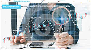 Businessperson analyzing digital data distribution chart magnifying glass highlighting scatter points trend insights representing