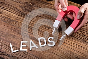 Businessperson Attracting Lead Text With Horseshoe Magnet